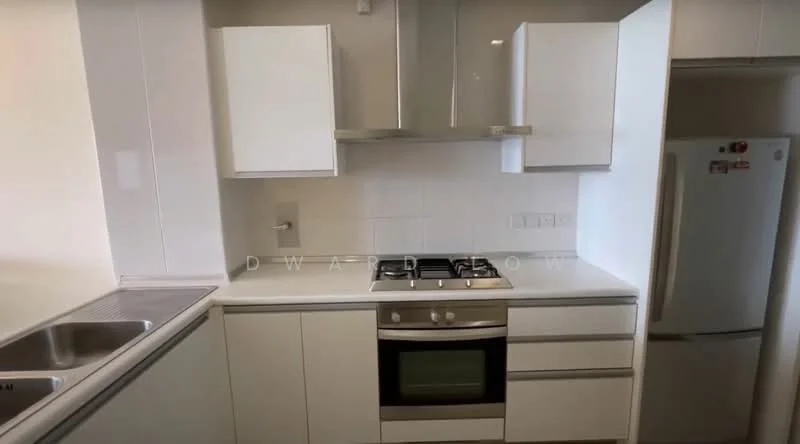 Kitchen features: white cabinetry, stainless-steel gas hob with 4 burners, built-in oven, stainless-steel range hood, white quartz countertop, double-bowl stainless-steel sink, chrome pull-down faucet, white tiled backsplash, refrigerator, drawer storage, upper cabinets with no handles; style: modern.
