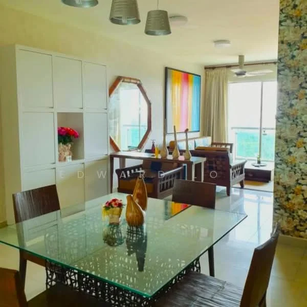 Dining features: glass dining table, 4 wooden dining chairs, decorative vase on table, wall-mounted mirror, framed artwork on wall, floor-to-ceiling windows, curtains, ceiling fan with light, light fixtures, textured wall with floral pattern, wooden side table, seating area with cushions; style: modern; view: city.