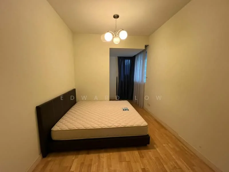 Bedroom features: wooden flooring, white painted walls, ceiling light fixture with three bulbs, window with sheer curtains, queen-size bed frame without mattress, built-in wardrobe, neutral color palette; style: modern.