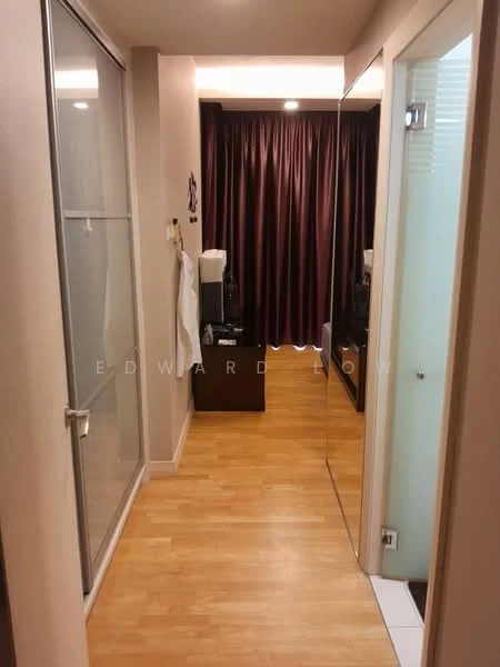 Room features: laminate flooring, cream painted walls, glass shower enclosure, mirrored wall, dark wood furniture, curtains in dark brown, recessed ceiling lights; style: modern.