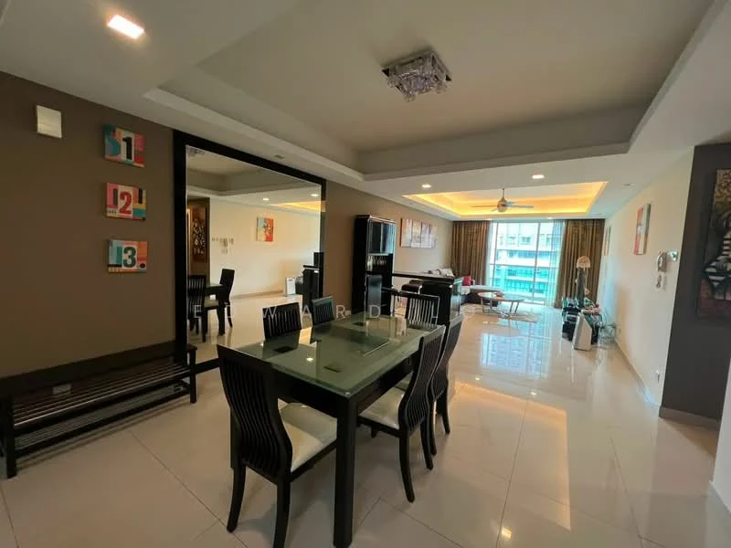Living features: cream painted walls, white ceiling with recessed lighting, 5-blade ceiling fan with light, large windows with sheer curtains, marble tile flooring, dining table with glass top and black wooden legs, black dining chairs, sofa in light color, coffee table, decorative wall art, TV console, area rug; style: modern; view: city.