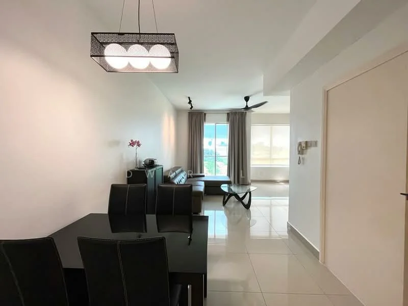 Living features: white painted walls, glossy tile flooring, 5-blade ceiling fan, recessed downlights, large windows with sheer curtains, sofa in dark color, coffee table, dining table with black finish, decorative plant, wall-mounted TV, curtains in light grey; style: modern; view: city.