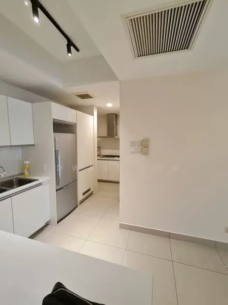 Kitchen features: white shaker cabinets, stainless-steel fridge, stainless-steel sink, chrome pull-down faucet, white countertop, ceramic tile flooring, recessed downlights, exhaust hood, built-in oven, open shelving, wall-mounted air conditioning unit; style: modern.
