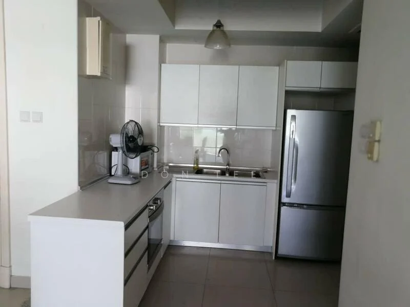 Kitchen features: white cabinetry, stainless-steel fridge, stainless-steel sink, chrome pull-down faucet, built-in oven, ceramic tile flooring, white tiled backsplash, ceiling-mounted light fixture, countertop with overhang, wall-mounted fan; style: modern.