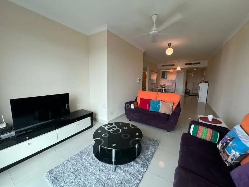 Living features: 2-seater fabric sofa in purple, 3-seater fabric sofa in black, glass coffee table with circular design, TV console in white, wall-mounted TV, area rug in grey, ceiling fan, recessed lighting, light-colored painted walls, glossy tile flooring; style: modern. Room features: open kitchen visible in background, dining area visible in background.