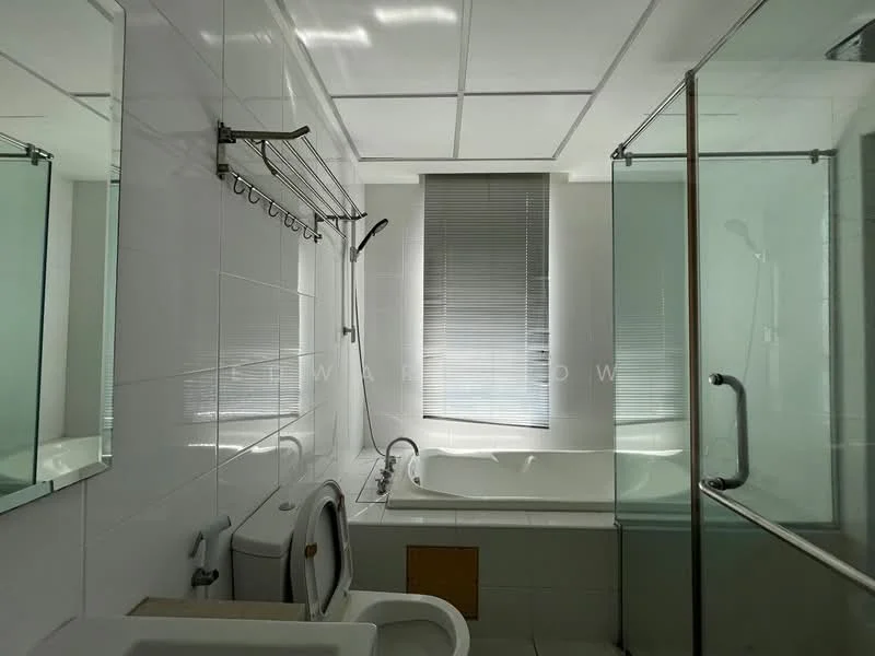 Bathroom features: bathtub, glass shower enclosure, chrome shower head, wall-mounted shower fixture, toilet, single-sink vanity, mirror, white tiled walls, grey tiled flooring, blinds on window, ceiling lights, towel rack; style: modern.
