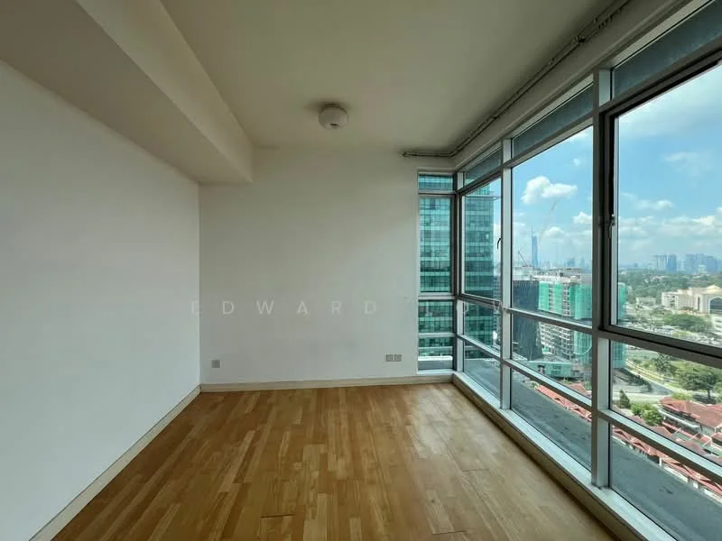 Room features: large floor-to-ceiling windows, wooden flooring, white painted walls, ceiling light fixture, city skyline view; style: modern; view: city.