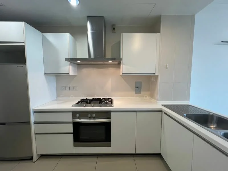 Kitchen features: white cabinetry, stainless-steel gas hob, built-in oven, stainless-steel range hood, white quartz countertop, stainless-steel sink, single-bowl stainless-steel sink, grey tile backsplash, refrigerator, under-cabinet lighting, ceramic tile flooring, wall-mounted kitchen cabinets, drawer storage; style: modern.