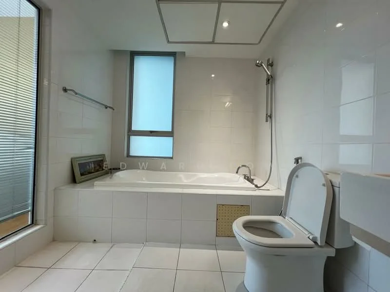 Bathroom features: white tiled walls, white tiled flooring, freestanding bathtub, shower with wall-mounted faucet, toilet, single-sink vanity, mirror, window with blinds, recessed lighting, glass shower enclosure; style: modern.