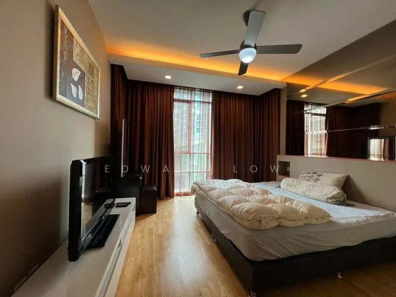 Bedroom features: queen-size bed with white bedding, upholstered headboard, 2 bedside lamps, wall-mounted TV, ceiling fan with light, wooden flooring, brown painted walls, floor-to-ceiling windows with sheer curtains, mirrored wall panel, decorative artwork on wall, recessed lighting; style: modern; view: city.