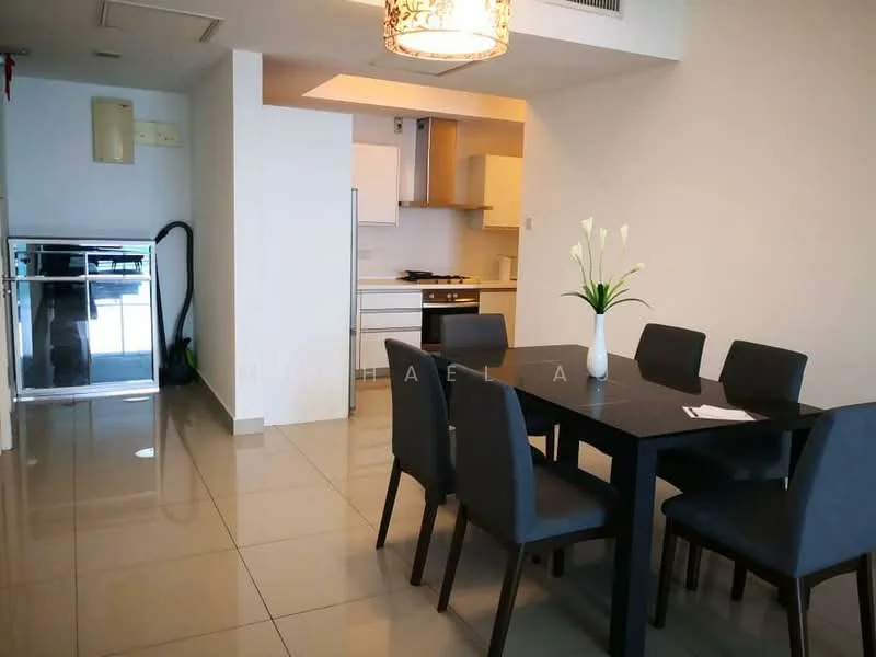 Dining features: black dining table, 6 upholstered dining chairs, pendant light fixture, white walls, glossy tile flooring, open layout to kitchen, decorative plant in vase, kitchen area visible in background; style: modern. Kitchen features: stainless-steel refrigerator, built-in oven, gas hob, white cabinetry, countertop with backsplash, exhaust hood, open layout to dining area; style: modern.