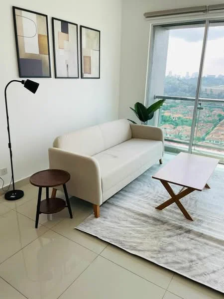 Living features: 3-seater fabric sofa in white, wood coffee table, round side table with dark wood legs, floor lamp with black shade, framed abstract artwork on walls, large glass sliding door, white walls, glossy tile flooring, area rug with geometric pattern, indoor plant; style: modern; view: city.