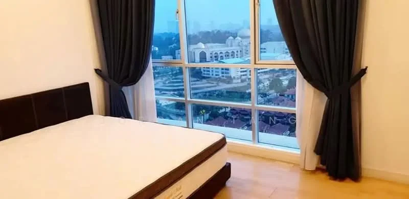 Bedroom features: floor-to-ceiling windows, blackout curtains, wooden flooring, queen-size bed, upholstered headboard, decorative wall, city view; style: modern; view: city.
