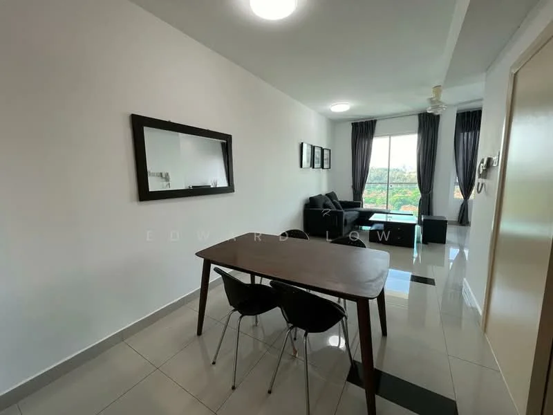 Living features: grey fabric sofa, black coffee table, 4-seater dining table, black dining chairs, floor-to-ceiling windows, sheer curtains, white painted walls, polished ceramic tile flooring, ceiling fan with light, decorative mirror, green view from window; style: modern; view: garden.