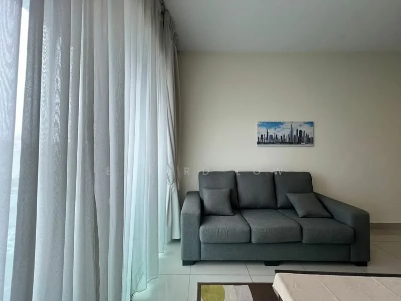 Living features: grey fabric sofa, floor-to-ceiling windows, sheer curtains, light-colored walls, tile flooring, area rug with geometric pattern, decorative wall art, natural light; style: modern; view: city.