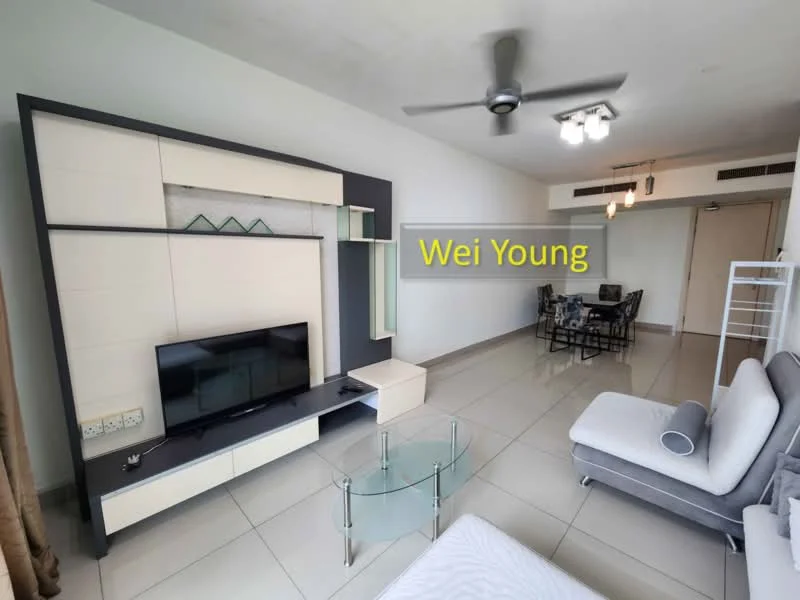 Living features: light grey sectional sofa, glass coffee table, wall-mounted TV, entertainment unit with storage, white painted walls, recessed downlights, ceiling fan, large windows with natural light, tile flooring; style: modern.