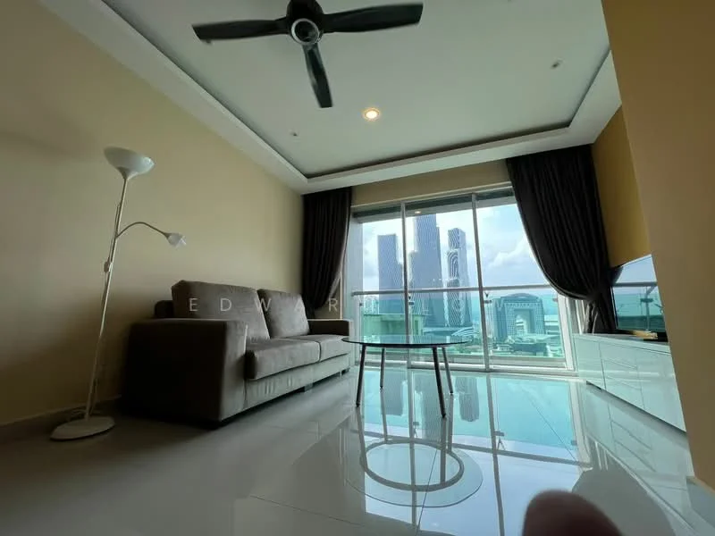 Living features: 3-seater fabric sofa in grey, coffee table, floor-to-ceiling windows, curtains, ceiling fan, marble tile flooring, light wall paint, TV console, view of city skyline; style: modern; view: city.