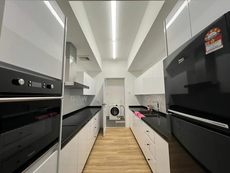 Kitchen features: black granite countertop, white glossy cabinetry, built-in oven, stainless-steel fridge, black fridge, ceramic tile flooring, recessed LED downlights, washing machine, open shelving, kitchen island, wall-mounted range hood, double-bowl stainless-steel sink, chrome pull-down faucet; style: modern.
