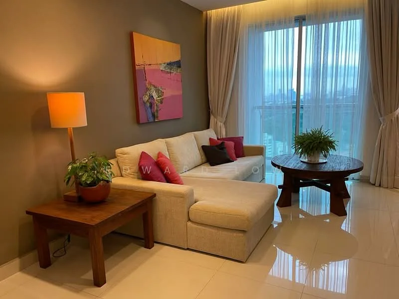 Living features: L-shape sectional sofa in light beige, decorative cushions in pink, wooden coffee table, floor lamp with warm light, framed artwork with abstract design, potted plant on coffee table, floor-to-ceiling windows with sheer curtains, glossy tile flooring, neutral painted walls; style: modern; view: city.