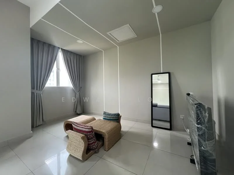 Living features: grey painted walls, white ceiling, recessed downlights, large window with sheer curtains, floor-to-ceiling mirror, ceramic tile flooring, two woven ottomans, TV console, wall-mounted TV; style: modern.