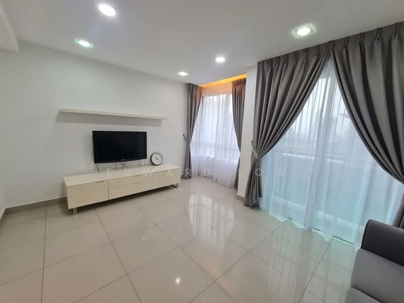 Living features: white painted walls, light grey floor tiles, recessed downlights, floor-to-ceiling windows, sheer curtains, grey curtains, TV mounted on wall, white TV console, clock on console, sofa in grey, decorative wall shelf; style: modern.