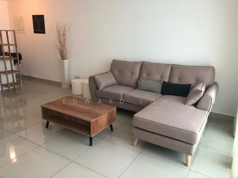 Living features: 3-seater fabric sofa in light grey, L-shape sectional sofa, wooden coffee table with natural finish, glossy tile flooring, white painted walls, floor-to-ceiling window with sheer curtains, decorative plant in white vase, minimalist decor with abstract artwork on walls; style: modern.