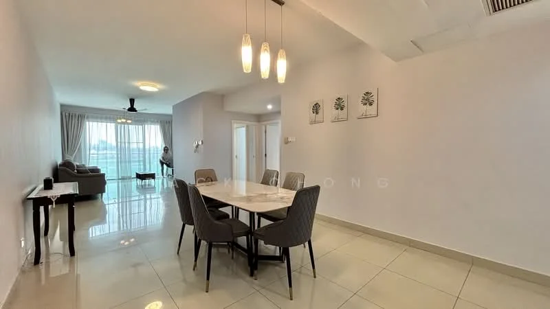 Dining features: 6-seater dining table, upholstered dining chairs, pendant lighting, white walls, glossy tile flooring, floor-to-ceiling windows, curtains, ceiling fan, decorative wall art; style: modern; view: city. Living features: 3-seater fabric sofa in grey, coffee table, TV console, area rug, white walls, glossy tile flooring, floor-to-ceiling windows, curtains, ceiling fan; style: modern; view: city.