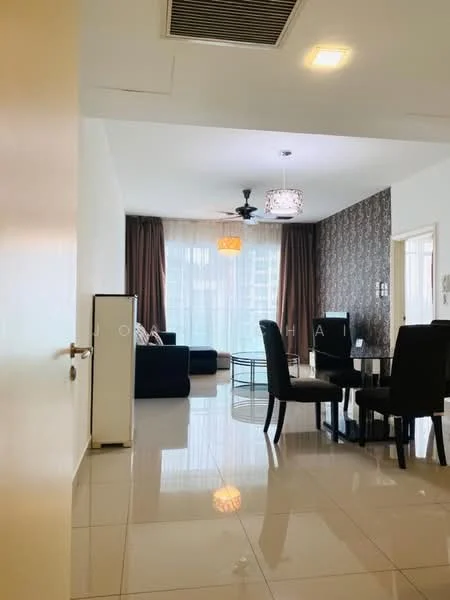 Living features: 3-seater fabric sofa in navy blue, ceiling fan with light, chandelier, floor-to-ceiling windows, sheer curtains, dark accent wall with patterned wallpaper, glass coffee table, tile flooring, decorative wall art, area rug, dining table with black chairs; style: modern; view: city.