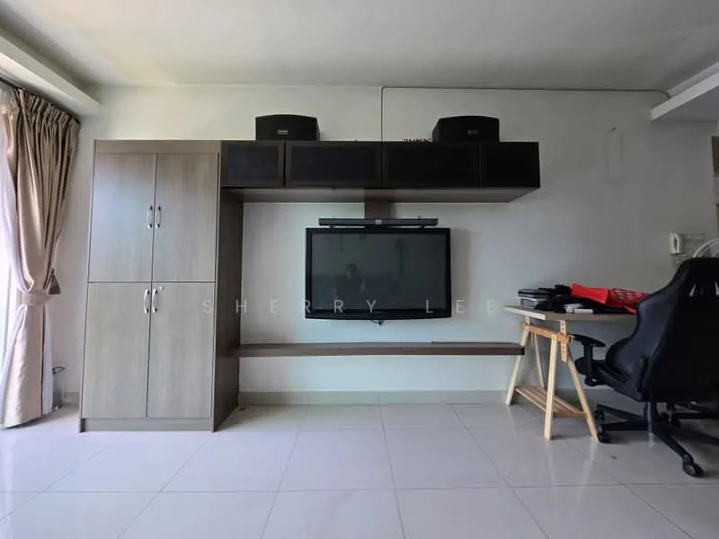 Living features: white painted walls, light-colored tiled flooring, wall-mounted TV, wooden TV console, shelves above TV console, black speakers on shelves, study desk with chair, curtains on window; style: modern.