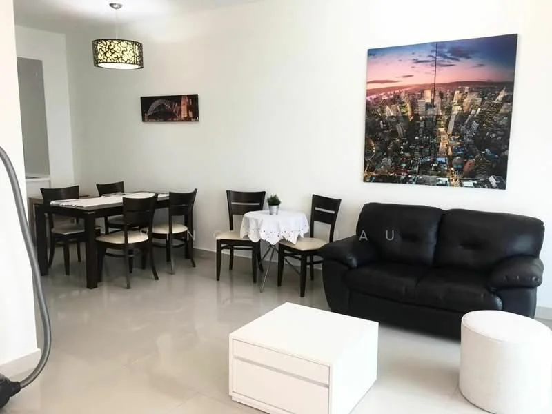 Living features: black leather sofa, white coffee table, area rug, wall-mounted artwork of city skyline, dining table for six, wooden dining chairs, pendant light fixture, glossy tile flooring, white painted walls; style: modern.