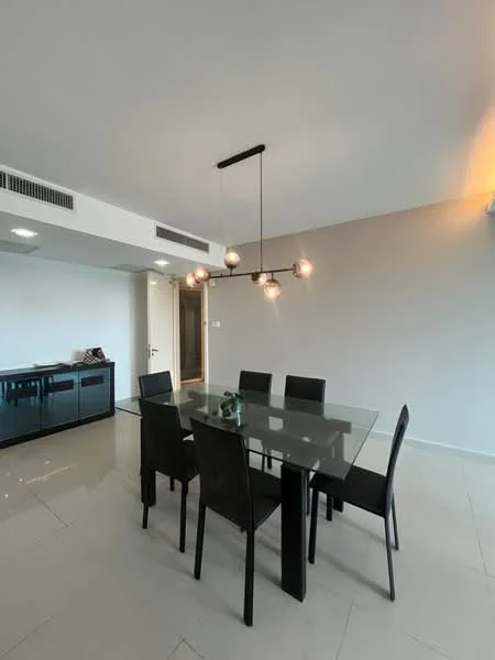 Dining features: glass dining table, 6 black dining chairs, modern pendant light fixture, white painted walls, tile flooring, built-in cabinetry, open layout, natural light from windows; style: modern.