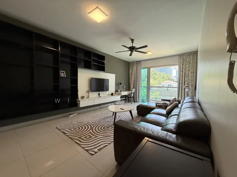 Living features: brown leather sectional sofa, white coffee table, TV console with wall-mounted TV, black shelving unit, area rug with geometric pattern, ceiling fan with light, floor-to-ceiling windows, curtains, white walls, recessed ceiling lights, tile flooring; style: modern; view: garden.