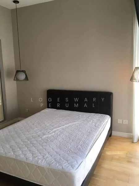 Bedroom features: queen-size bed frame, light wood flooring, plain beige painted walls, two pendant lights, full-length mirror, window with sheer curtains, no bedding on bed; style: modern.