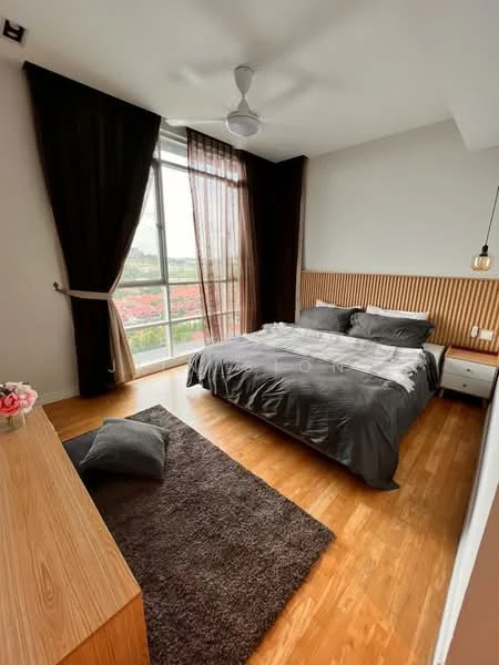 Bedroom features: king-size bed with grey bedding, wooden headboard, 2 bedside tables, pendant light fixture, 5-blade ceiling fan, floor-to-ceiling windows, sheer curtains, dark brown area rug, wooden flooring, decorative throw pillow; style: modern; view: garden.
