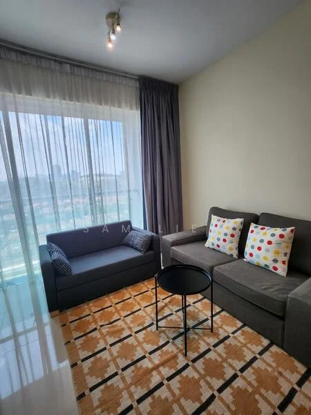 Living features: grey fabric sectional sofa, black accent chair, colorful polka dot cushions, round black coffee table, area rug with geometric pattern, floor-to-ceiling windows, sheer curtains, city view; style: modern; view: city.