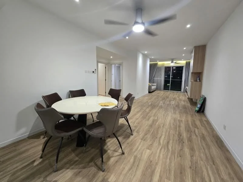 Dining features: round dining table, 6 upholstered dining chairs, ceiling fan with light, wooden flooring, white painted walls, large windows with sheer curtains, open layout to living area, decorative wall unit, natural light from windows; style: modern; view: city. Living features: sofa visible in background, TV console visible in background, large windows with sheer curtains, wooden flooring, white painted walls, open layout to dining area; style: modern; view: city.
