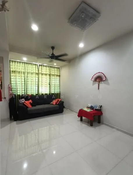 Living features: white painted walls, glossy tile flooring, 5-blade ceiling fan with light, sofa in grey, coffee table, decorative wall fan, curtains in green, recessed ceiling lights; style: modern.