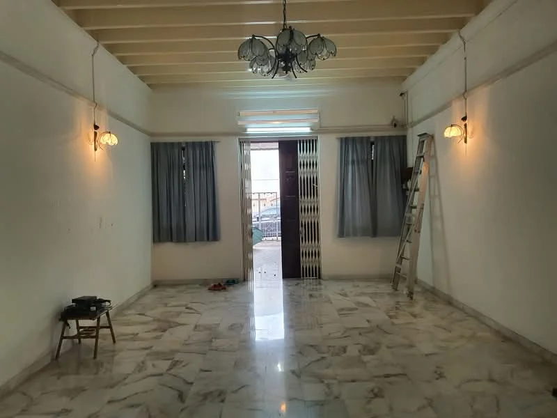 Living features: marble flooring, white painted walls, exposed beams ceiling, chandelier, 2 wall sconces, floor-to-ceiling windows with sheer curtains, wooden door, ladder, open space layout; style: traditional.