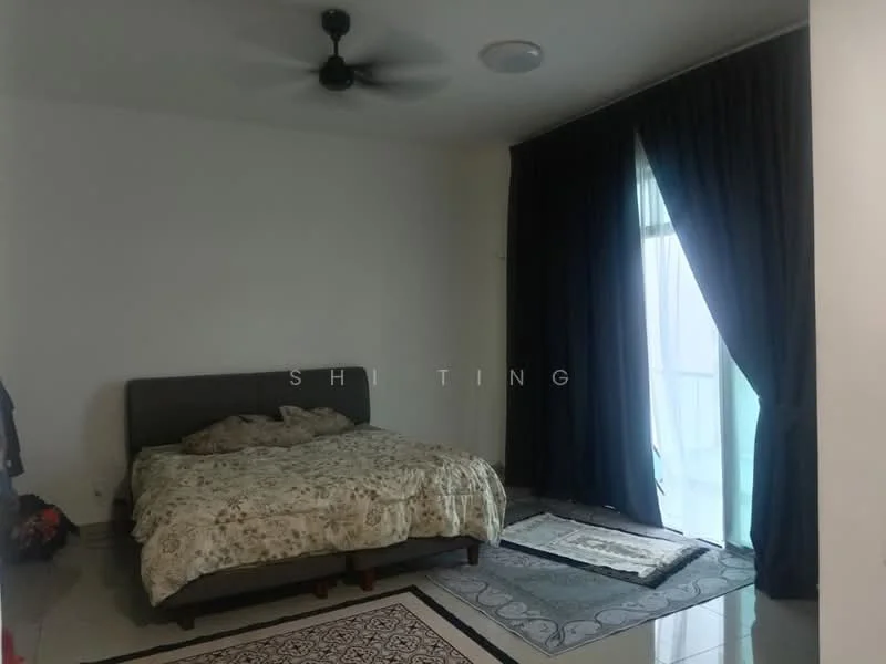 Bedroom features: king-size bed with floral bedding, black ceiling fan, white painted walls, large window with sheer curtains, dark curtains, tile flooring, area rug with geometric pattern, decorative wall art; style: modern.