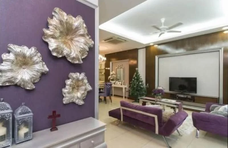 Living features: purple accent wall, cream painted walls, recessed ceiling lights, 5-blade ceiling fan, 2-seater purple sofa, 3-seater purple sofa, coffee table, wall-mounted TV, entertainment unit, decorative wall art, decorative lanterns, Christmas tree, area rug with floral pattern; style: modern.