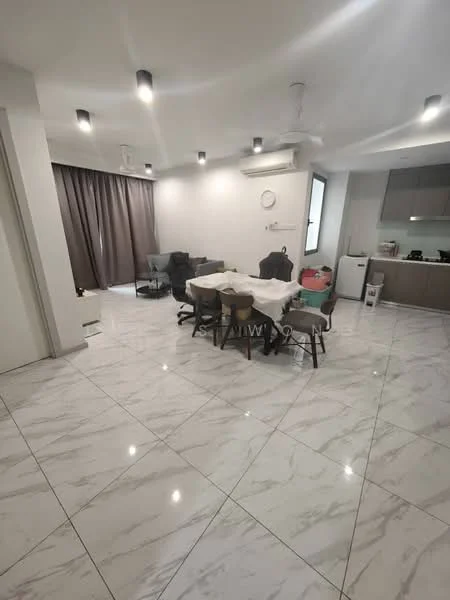 Dining features: marble tile flooring, white painted walls, recessed LED downlights, dining table with chairs, floor-to-ceiling windows with sheer curtains, air conditioning unit, kitchenette visible in background, decorative wall clock; style: modern.