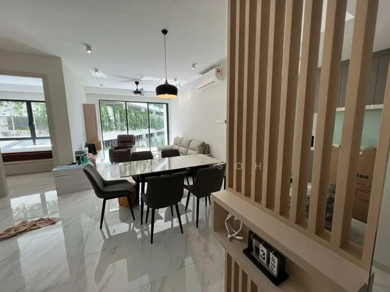 Dining features: marble tile flooring, white painted walls, 5-blade ceiling fan with light, dining table with marble top, 6 upholstered dining chairs, large windows with sheer curtains, wall-mounted air conditioning unit, decorative wall paneling; style: modern; view: garden. Living features: 3-seater fabric sofa in light grey, coffee table, TV console, wall-mounted TV, area rug, large windows with garden view; style: modern; view: garden.