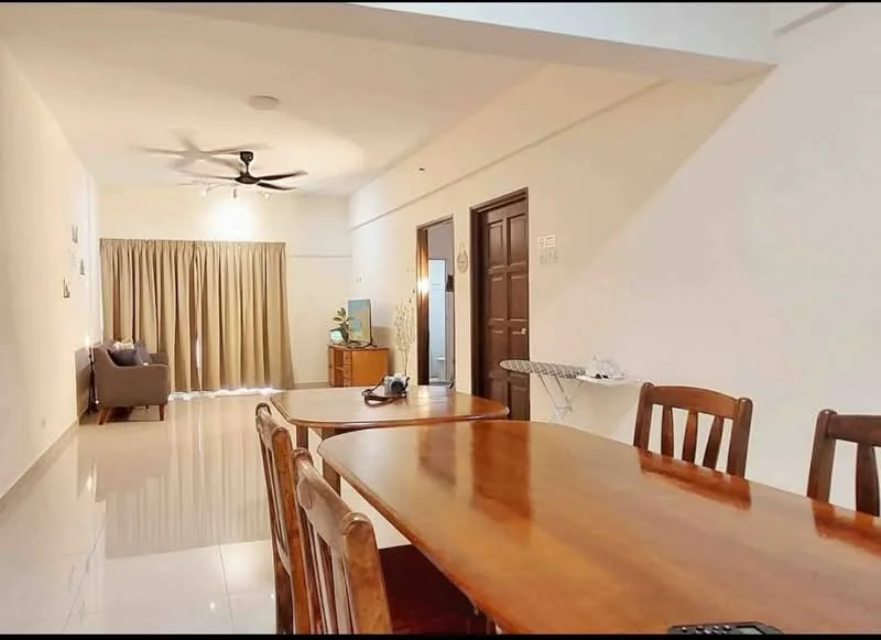 Dining features: wooden dining table, 4 wooden dining chairs, polished tile flooring, 5-blade ceiling fan with light, wall-mounted TV, curtains, decorative wall art, sideboard, sofa in living area visible, iron board, door to hallway; style: modern.