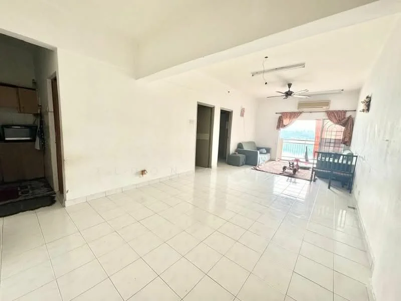 Living features: white painted walls, glossy white tile flooring, 5-blade ceiling fan with light, large sliding glass door, curtains, sofa in light grey, coffee table, area rug, dining table with chairs, air conditioning unit; view: city. Kitchen features: wood cabinetry, countertop, microwave, stainless-steel sink, tile backsplash.