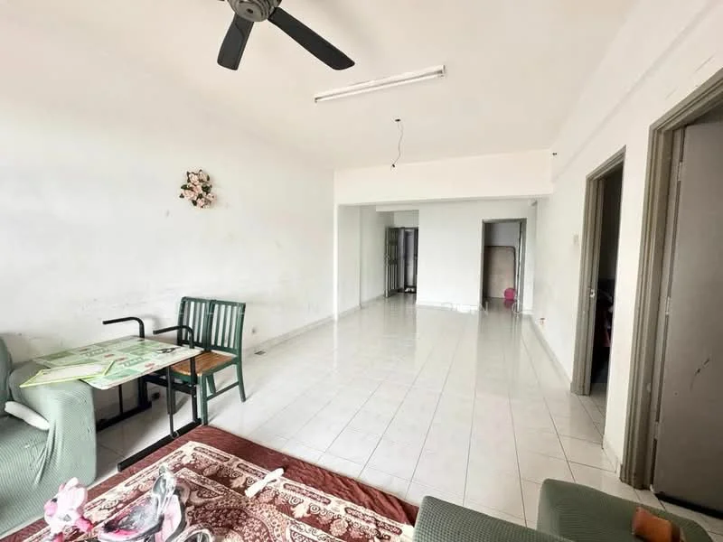 Living features: white painted walls, white tiled flooring, ceiling fan, large windows, dining table with chairs, sofa, decorative wall art, open layout.