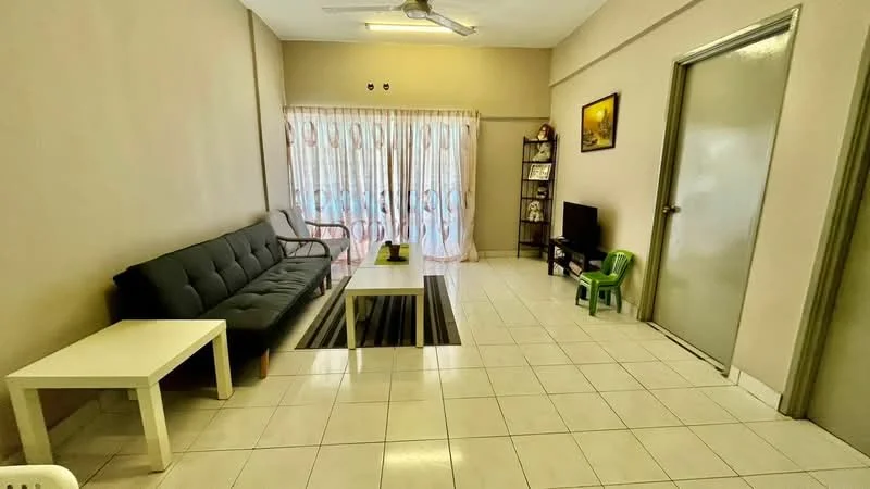 Living features: grey fabric 3-seater sofa, white coffee table, black and white area rug, floor-to-ceiling windows with sheer curtains, wall-mounted TV, light-colored walls, white tiled flooring, ceiling fan with light, decorative wall art, green plastic chair, shelf unit with books or decor; style: modern.