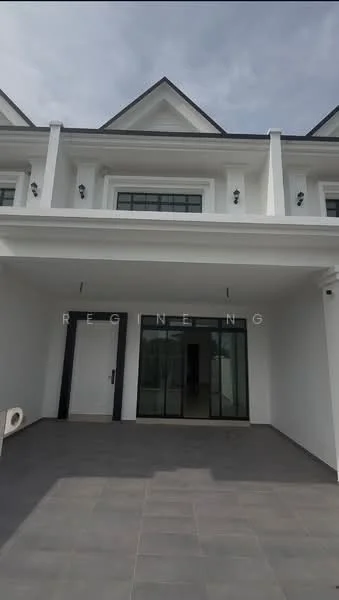 Exterior type: linked terrace house; features: white painted facade, flat roof, glass sliding door, large windows, porch area with tiled flooring, minimalist design, two-storey structure, exterior lighting fixtures; style: modern.