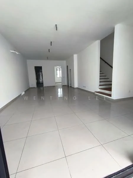 Room features: white painted walls, glossy ceramic tile flooring, recessed downlights, staircase with wooden steps, large windows for natural light, open layout, neutral color scheme, no visible furniture; style: modern.