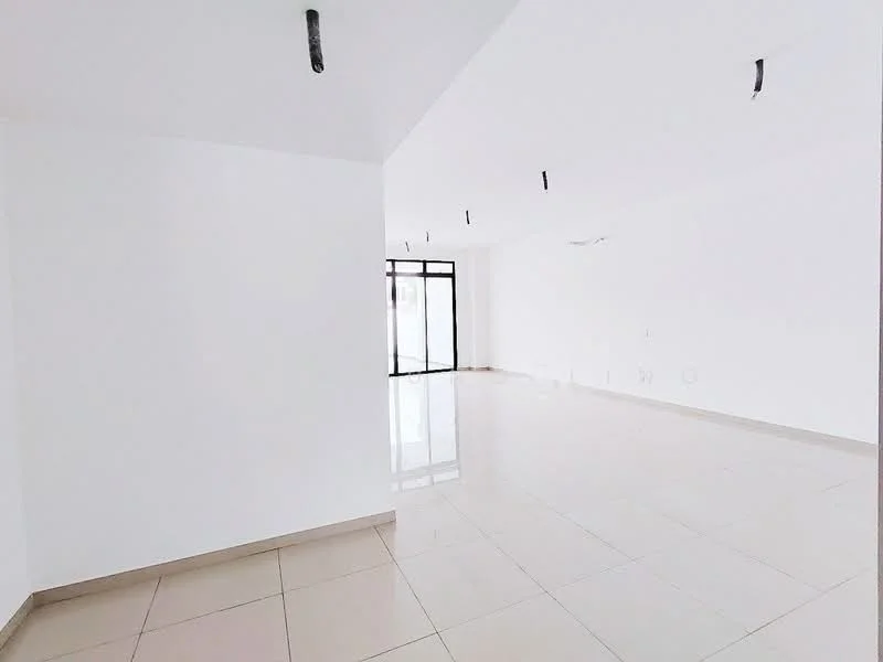 Room features: white painted walls, polished ceramic tile flooring, large windows, natural light, open layout, ceiling with exposed electrical wiring, neutral color scheme; style: modern.