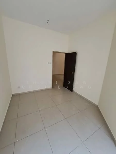 Room features: cream painted walls, tile flooring, single door, light fixture on ceiling, empty space.